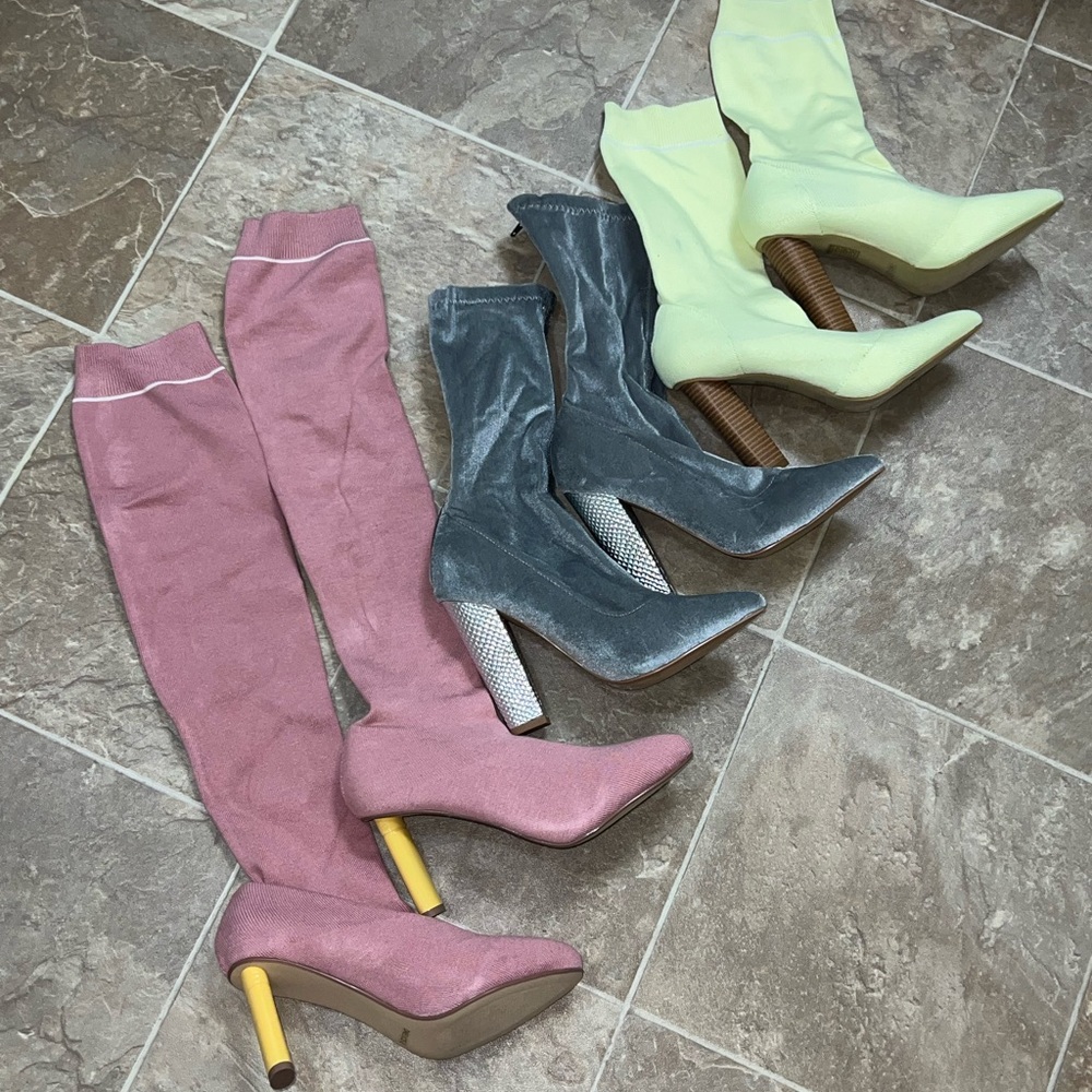 Stylish Women's Knee-High Boots - Pink, Gray, and bright yellow ish green